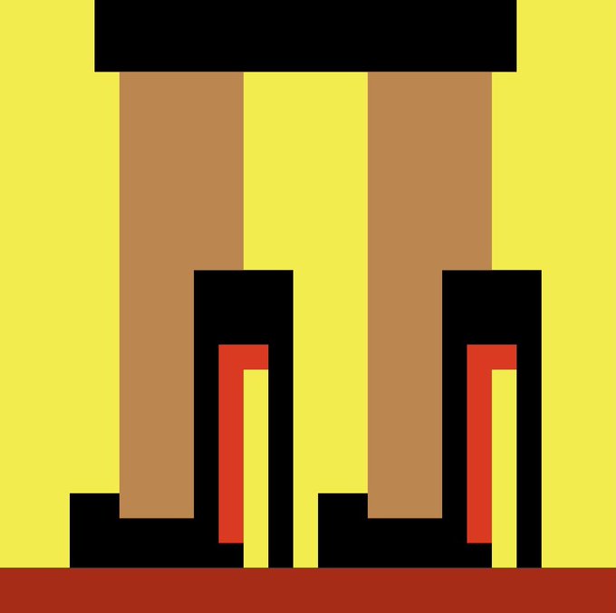 A minimalist pixel art composition featuring geometric brown, black, red, and yellow shapes against a yellow background, resembling stylized legs or pillars.