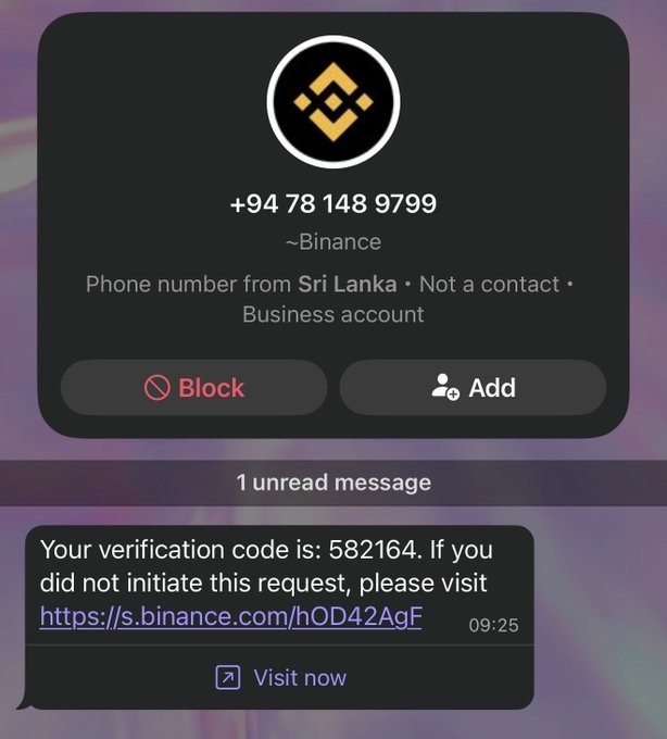 A screenshot of a mobile phone message from Binance with the number +94 78 148 9799, displaying the verification code 582164 and a link to https://s.binance.com/hOD42AgF.