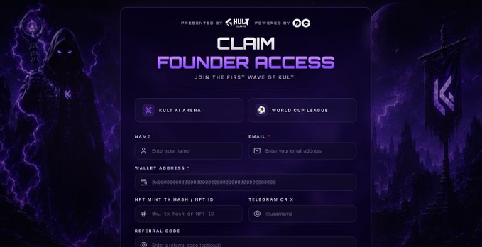 A dark purple-themed landing page for 'KULT' promoting 'CLAIM FOUNDER ACCESS' to join 'THE FIRST WAVE OF KULT,' featuring a hooded figure holding a staff and form fields for Name, Email, Wallet Address, NFT Mint TX Hash / NFT ID, and Referral Code.
