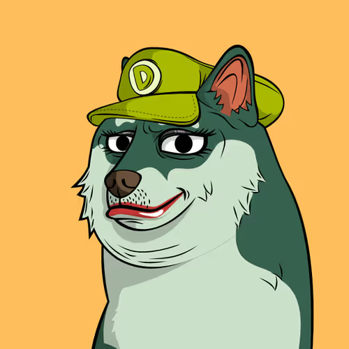 A digital illustration of a cartoon dog with a slightly unamused expression, wearing a green baseball cap featuring the Dogecoin (D) logo.