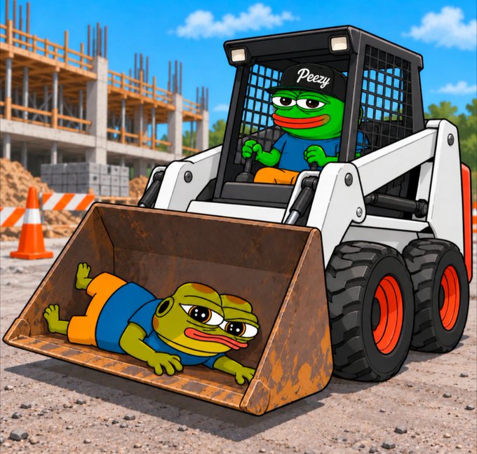A cartoon illustration shows a green Pepe frog driving a white skid-steer loader at a construction site, while another Pepe frog lies forlornly inside the loader's bucket.