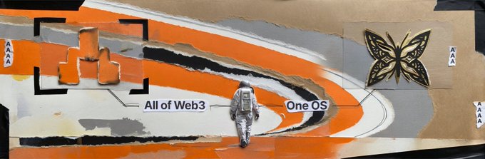 The image is a collage-style graphic showing an astronaut walking on a path toward a butterfly, with text labels "All of Web3" and "One OS" connecting elements, symbolizing a journey toward unity and advancement in the Web3 space, which complements the post's theme of meaningful infrastructure and AI-driven adoption.