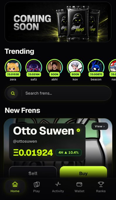 A mobile app screenshot showing a 'Coming Soon' Hood RATS banner, a 'Trending' section with anime avatars, and a 'New Frens' section featuring 'Otto Suwen' token at Ξ0.01924.