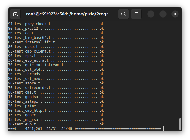 A terminal window showing test results, displaying a long list of tests such as "91-test_pkey_check.t", "80-test_pkcs12.t", and others, all marked as "ok".