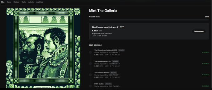 A screenshot of a cryptocurrency website titled 'Mint The Galleria' showing a green-tinted portrait of two figures in period clothing, priced at '0.0013 ETH', alongside a mint schedule listing items like 'The Florentines Holders 51 GTD' and 'The Galileo Winners'.