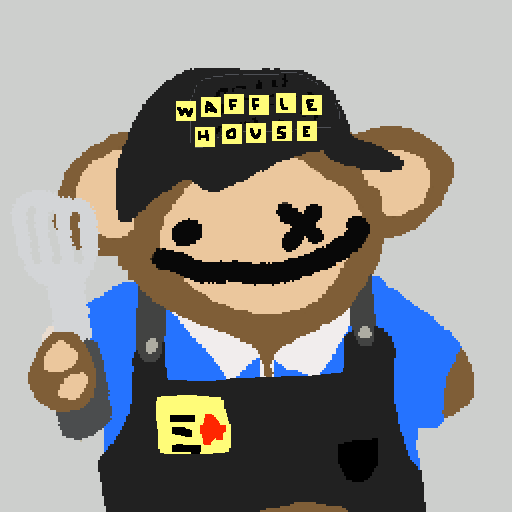 A pixelated bear character wearing a 'Waffle House' cap and apron, holding up a spatula, with an 'EH' logo on its apron.