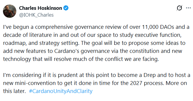 A white background with black text features a screenshot of a Twitter account from Charles Hoskinson, discussing the DAA and its impact on the economy.