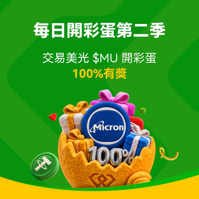 A promotional graphic with Chinese text '每日開彩蛋第二季' and '交易美光 $MU 開彩蛋 100%有獎', featuring a Micron logo, a 100% symbol, and gift packages in a basket.