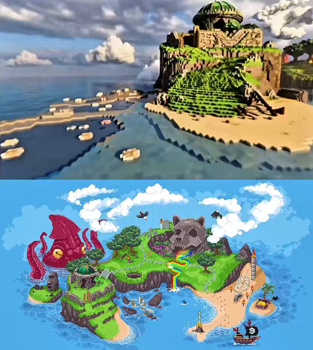 The image shows a cartoon-like depiction of an island with a castle, surrounded by water. There are several boats floating around the island, including one that appears to be a pirate ship. The island has a unique layout, featuring multiple buildings and staircases leading up to it. The post about this island is titled "@Memeland Made this video using Seedance 2.0" and includes a reference to a pirate ship on the island.