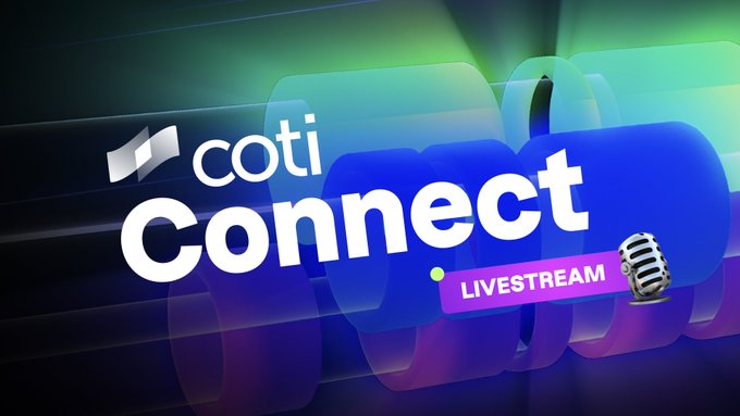Coti Connect Livestream promotional graphic featuring the Coti logo and a microphone icon, signaling an upcoming live broadcast related to $COTI and the project's community engagement and feedback.
