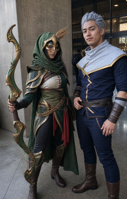 Two cosplayers pose together; one is dressed as a green-hooded archer with a bow and ornate armor, the other wears a blue and gold outfit with silver hair.