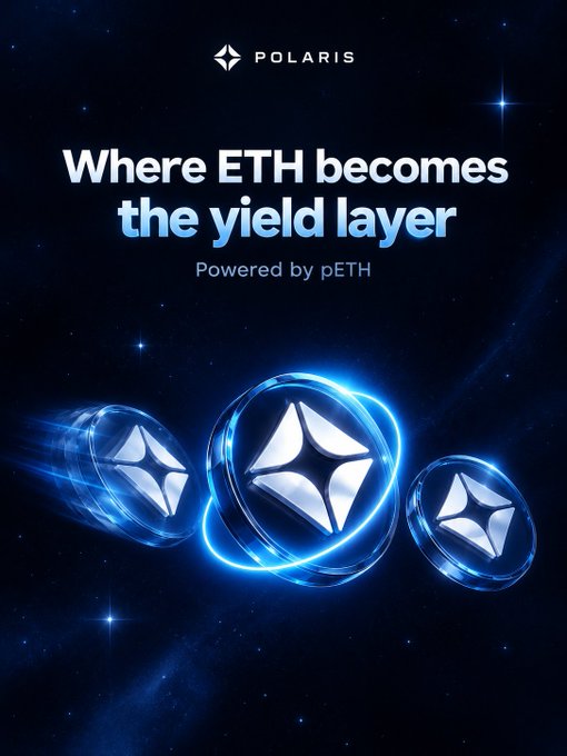 A promotional advertisement for 'POLARIS' cryptocurrency project with the tagline 'Where ETH becomes the yield layer, Powered by pETH', showing three glowing ETH coin tokens against a starry space background.