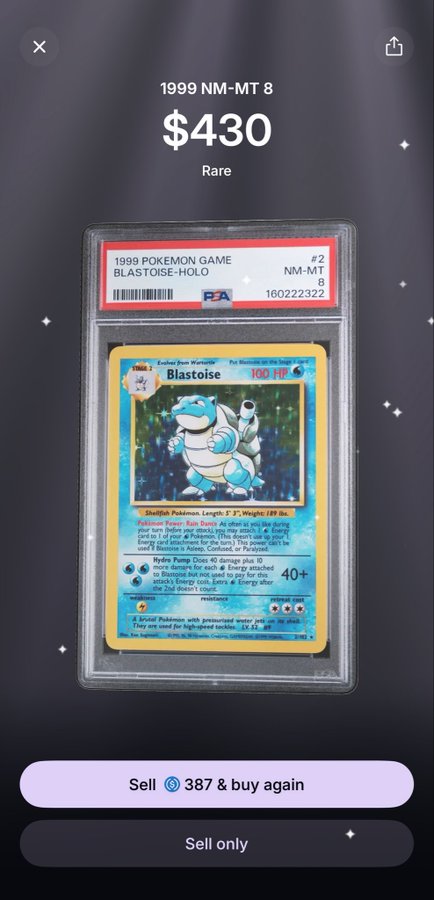 A mobile app screen showing a graded PSA 8 (NM-MT) 1999 Pokemon Blastoise Holo card valued at $430, with options to 'Sell for 387 & buy again' or 'Sell only'.