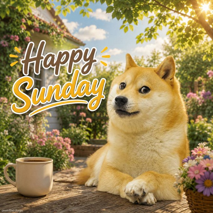 A digital illustration shows a Shiba Inu dog lying on a wooden surface next to a coffee mug, with 'Happy Sunday' text and a garden background.