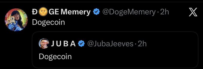Twitter/X post by 'DOGE Memery (@DogeMemery)' quoting 'JUBA (@JubaJeeves)', both simply stating 'Dogecoin'.