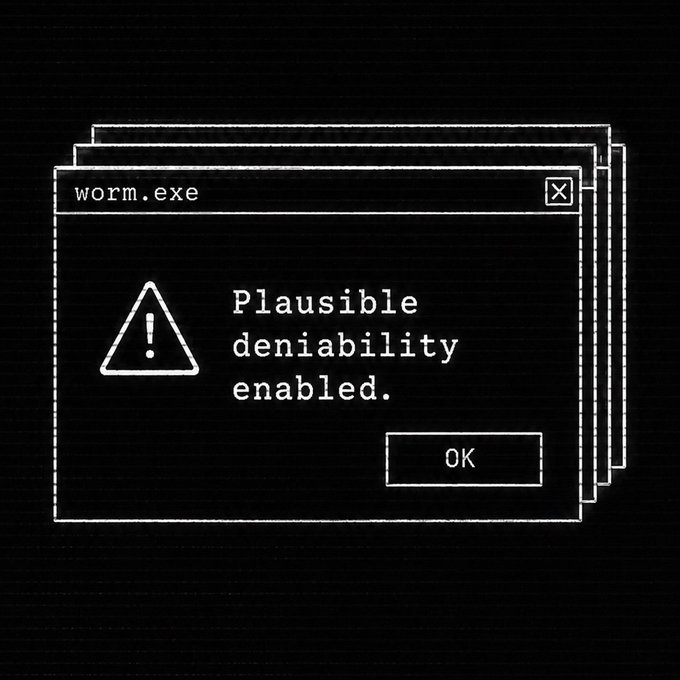 The image shows a computer screen with a warning message that reads "plausible deniability enabled." This message indicates that there might be an issue related to user privacy or data security, possibly due to the user's permissions being set too low for certain applications or services. The text is in white and stands out against the black background of the image.