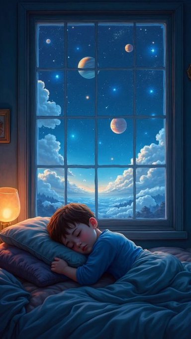 A digital illustration of a young boy peacefully sleeping in bed next to a large window that overlooks a starry night sky filled with planets and clouds.