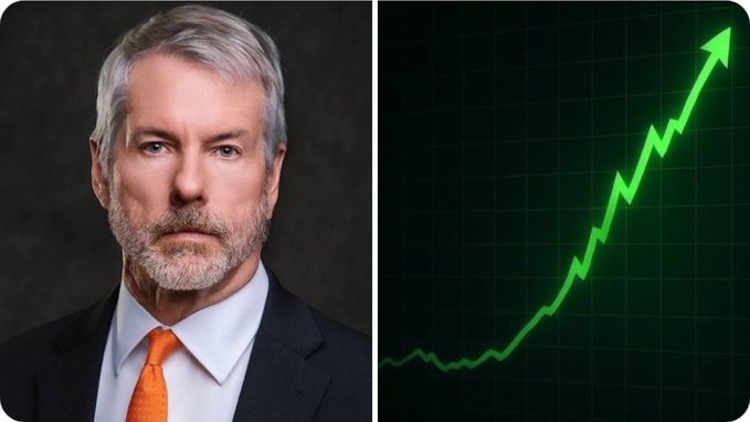 The image shows a man in a dark suit with an orange tie next to a green line graph displaying an upward trending arrow, symbolizing significant market growth. This visual pairs with the post about Michael Saylor's ambitious claim that Strategy $MSTR will likely purchase all Bitcoin mined through 2140, emphasizing the dramatic bullish trajectory and aggressive accumulation strategy referenced in the caption.