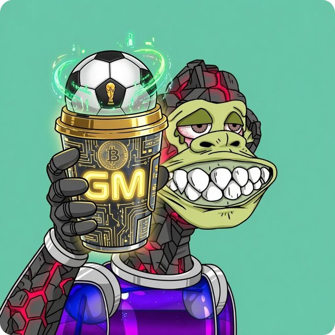 The image features a cartoon monkey holding a cup of coffee and a soccer ball. The monkey appears to be wearing a purple suit, giving it a unique appearance. The background of the image is green, which contrasts with the monkey's purple suit. There are also some text elements in the image that read "gm fam... tuesday morning, let’s catch some fresh alpha before the week gets busy @NomismaNetwork @useTria just made traveling way more rewarding". The monkey seems to be enjoying its coffee and soccer ball while standing on a green surface.