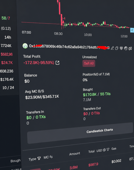 A cryptocurrency trading interface displays a candlestick chart showing a sharp decline, with a Total Profit of -172.9K (-98.59%) and a wallet address starting with '0x17...678069c46b74c62a8a94b21784dfb'.