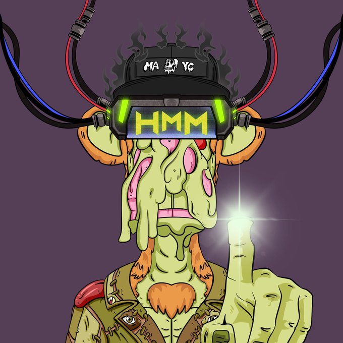 A cartoon illustration of a green, melting alien-like creature wearing a VR headset displaying 'HMM' and raising a glowing finger.