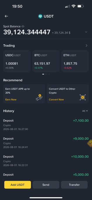 A mobile screenshot of a crypto wallet app showing a USDT spot balance of 39,124.34 (~$39,124.34), with August 2026 deposit history totaling +31,100 USDT across four transactions. The image humorously visualizes the "max aura" goal of stacking a substantial USDT bag during August, showcasing both the trading pairs (USDC, BTC, ETH) and recent deposit activity that built up the impressive balance.