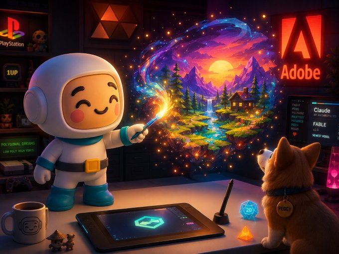 The image features a cartoon character dressed as an astronaut, holding a wand with a rainbow-colored stream of lights coming out of it. The scene takes place around a desk where there are two small figures - one dog sitting next to the desk and another figure representing Adobe's logo in the background. The main character is using the wand to create a painting on a canvas placed on the desk, while the other figure represents Adobe.