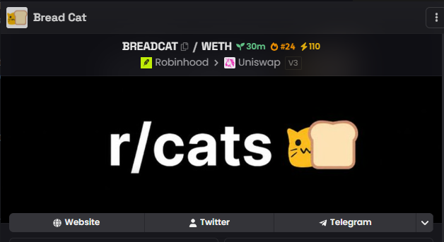 A cryptocurrency trading interface showing the 'Bread Cat' token (BREADCAT/WETH) trading information on Robinhood/Uniswap v3, with the r/cats subreddit logo below.