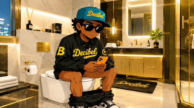 An illustrated cartoon character wearing a teal 'Decibel' cap, sunglasses, and black jacket sits on a toilet in a luxurious gold-accented bathroom while looking at a smartphone.