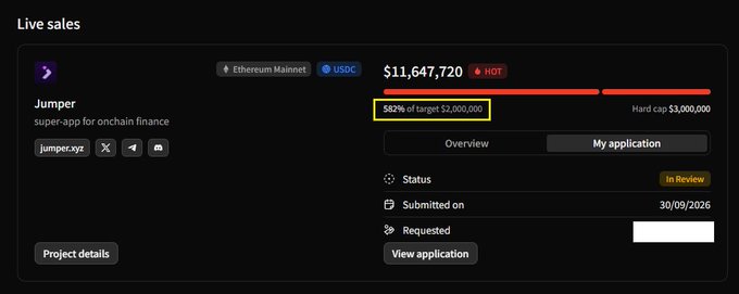 A dark-themed dashboard screen titled 'Live sales' shows a project called 'Jumper' (super-app for onchain finance) by 'jumperxyz' on Ethereum Mainnet, with $11,647,720 raised (highlighted 582% of target $2,000,000, hard cap $3,000,000), status 'In Review', submitted 30/09/2026.