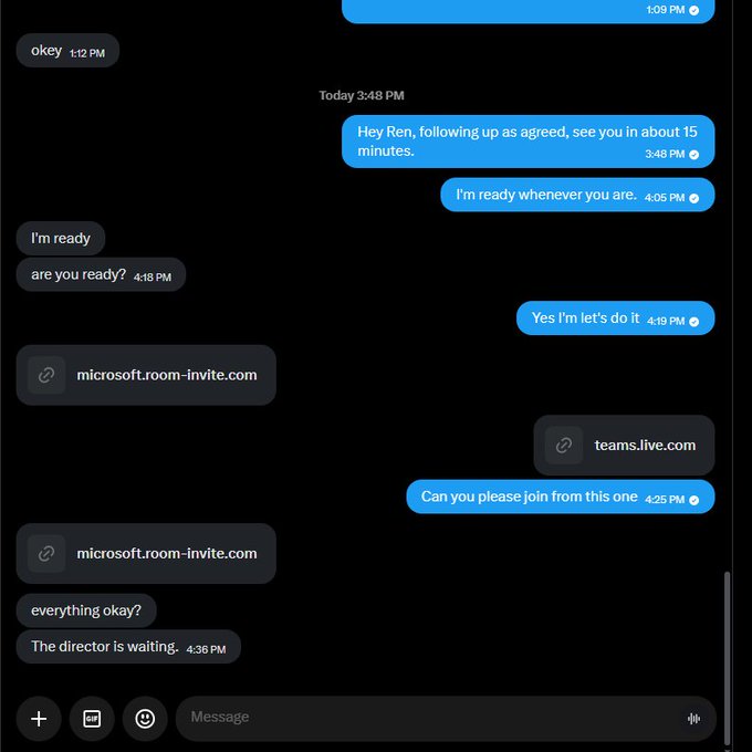 A dark-themed iMessage conversation where one user struggles to join a Microsoft Teams meeting via multiple invite links while the other waits.