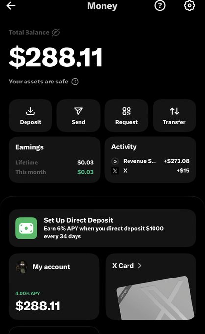 A mobile banking app interface showing a 'Total Balance' of '$288.11' with options for Deposit, Send, Request, and Transfer.