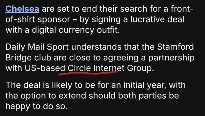 The image is a Daily Mail Sport news snippet reporting that Chelsea FC are closing in on a shirt sponsorship deal with US-based **Circle Internet Group** (the company behind USDC and the Arc blockchain), initially for one year with an extension option. The caption contextualizes the post's bullish take on Arc by linking a real-world traditional sports sponsorship to Circle's expanding brand presence, suggesting the partnership signals growing institutional momentum ahead of Arc's mainnet launch.
