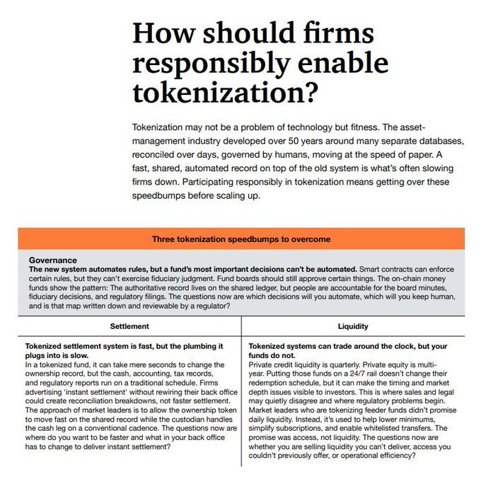 An article titled 'How should firms responsibly enable tokenization?' discussing three tokenization speedbums to overcome: Governance, Settlement, and Liquidity.