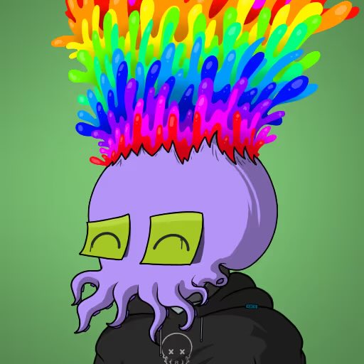 A digital illustration features a purple octopus-like character with rainbow-colored spiked hair wearing yellow sunglasses and a black hoodie, set against a green background.