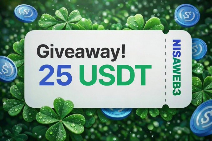 A promotional image featuring a white ticket-style graphic with the text "Giveaway! 25 USDT" and the code "NISAWEB3" displayed over a green clover background with floating blue coin tokens, directly advertising the $25 USDT giveaway mentioned in the post.