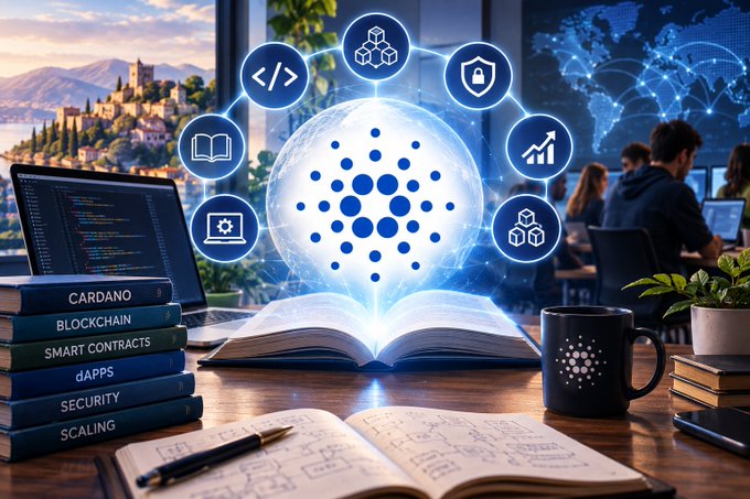 An illustrated scene depicts a workspace with a glowing Cardano blockchain logo emerging from an open book, surrounded by technology-themed icons, with books labeled "CARDANO, BLOCKCHAIN, SMART CONTRACTS, dAPPS, SECURITY, SCALING."