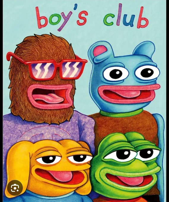 A colorful illustration features "boy's club" in rainbow text at the top, depicting a furry Bigfoot-like character with sunglasses and three Pepe-style frog characters in blue, yellow, and green. The image references the social media post by showcasing the iconic Pepe frogs alongside other characters, tying into the discussion about different Andy (the yellow character) projects across various blockchains like ETH, Base, and BNBchain.