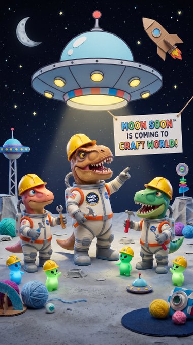 A cartoonish advertisement shows dinosaurs in astronaut suits on a moon-like surface, holding tools and a banner reading 'MOON SOON IS COMING TO CRAFT WORLD!'