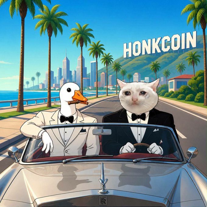 An animated illustration showing a duck and a white cat wearing formal tuxedos riding in a luxury convertible, with 'HONKCOIN' displayed against a backdrop of palm trees and a coastal city skyline.