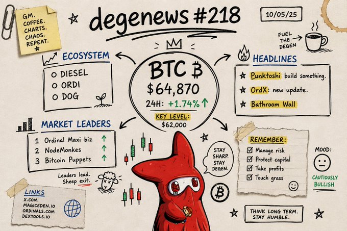 A 'degennews #218' infographic dated 10/05/25 showing BTC at $64,870 with a 24H increase of +1.74% and a bullish mood, featuring a Pepe-like red character.