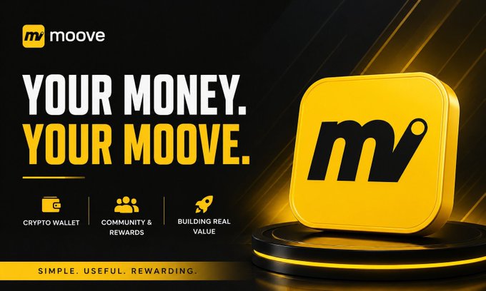 A bold promotional banner for Moove (moove) features a yellow app icon with the "mv" logo on a black background, alongside the tagline "YOUR MONEY. YOUR MOOVE." and highlights of "Crypto Wallet," "Community & Rewards," and "Building Real Value," promoting it as a simple, useful, and rewarding Web3 fintech platform.