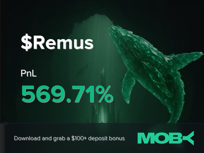 A Moby Mobile promotional graphic displays a striking green whale in a dark underwater scene, advertising a winning trade with "$Remus" showing an impressive PnL of 569.71%, alongside a call-to-action offering a "$100+ deposit bonus."