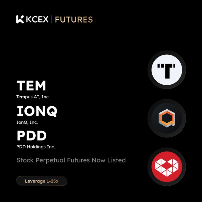 A KCEX Futures promotional graphic announcing stock perpetual futures listings for TEM (Tempus AI, Inc.), IONQ (IonQ, Inc.), and PDD (PDD Holdings Inc.), with leverage available from 1-25x.