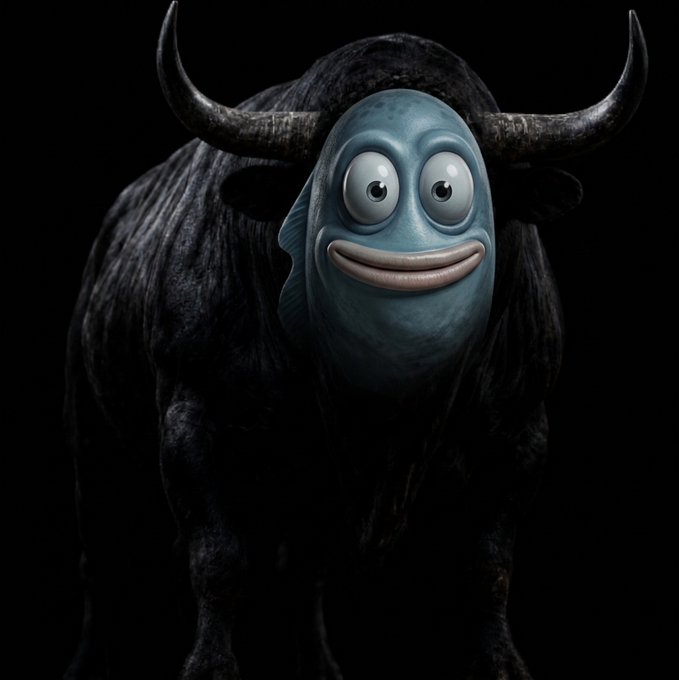 A surreal 3D rendering of a black bull with a cartoonish, wide-eyed, smiling fish face, set against a stark black background.