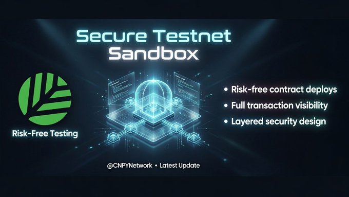 A promotional graphic for @CNPYNetwork titled "Secure Testnet Sandbox" features the headline "Risk-Free Testing" alongside a glowing shield icon and key features including "Risk-free contract deploys," "Full transaction visibility," and "Layered security design," visually reinforcing the post's emphasis on a developer-friendly testing environment with strong security measures and no risk to real assets.
