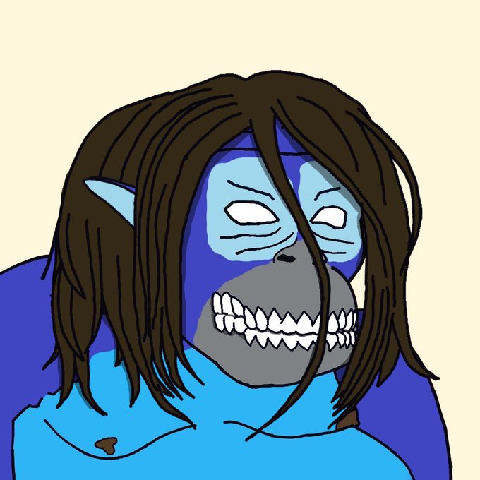 A cartoon-style blue-skinned character with long brown hair, pointed ears, and a fierce grin displaying sharp teeth stares forward, matching the bold, meme-like energy of the post. The image pairs with the bullish "GM, let's stock up more $RONKE" message, embodying the wild and monstrous enthusiasm for the $RONKE token and tagging @RonkeOnRon.
