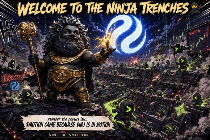 A promotional graphic titled 'Welcome to the Ninja Trenches' featuring a bearded deity-like figure with a golden staff, with text reading 'remember the physics law.. $MOTION CAME BECAUSE $INJ IS IN MOTION' and 'INJ X $MOTION' at the bottom.