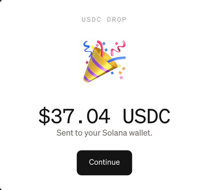 A USDC Drop confirmation screen showing $37.04 USDC being sent to a Solana wallet, with a party popper emoji and a Continue button.