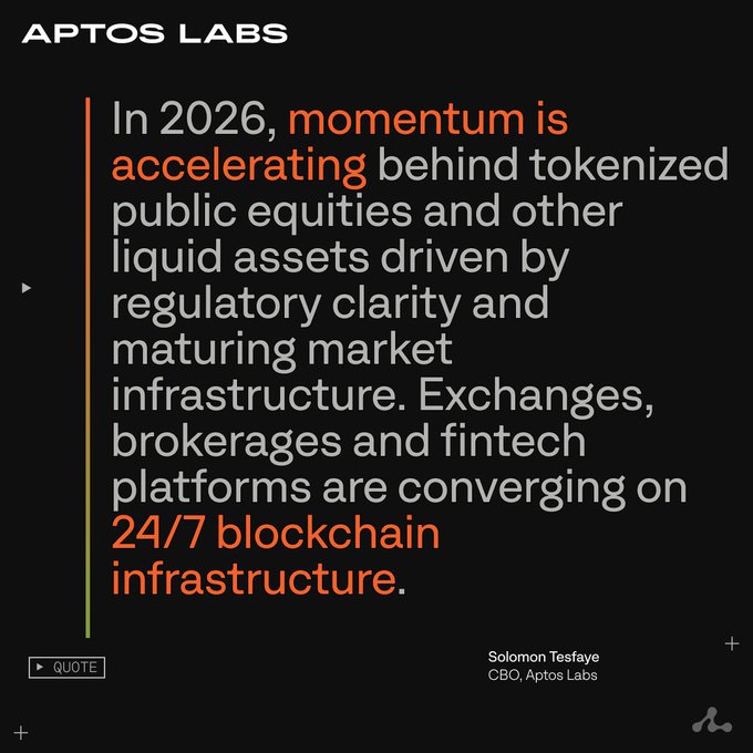 The image features a black background with white text that reads "In 2026, momentum is accelerating behind tokenized public equities and other liquid assets driven by regulatory clarity and maturity maturing market infrastructure. Exchanges, brokerages, and fintechs converging on 24/7 blockchain infrastructure." The post also includes the names of some people who contributed to the report.